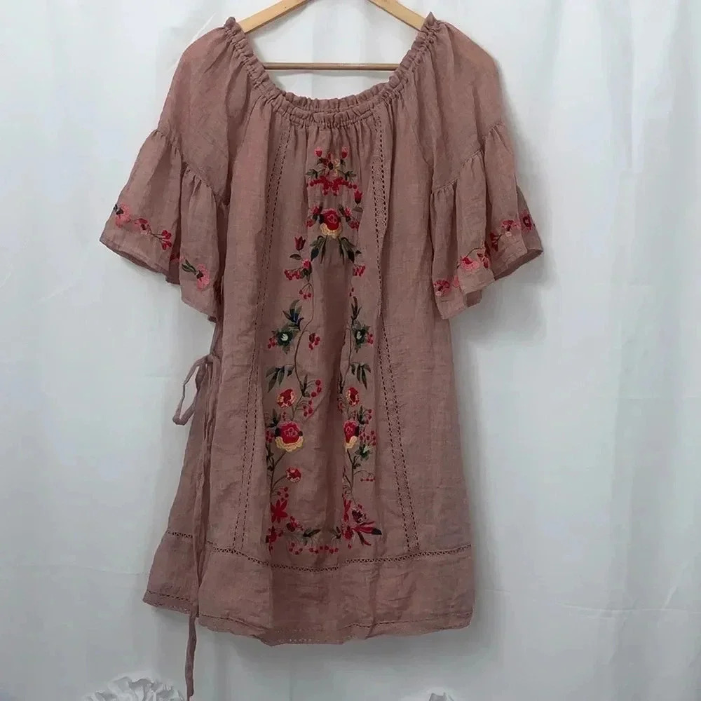 Umgee USA Women Medium‎ Mauve Pink Floral Embroidered Boho Tunic Dress A2858